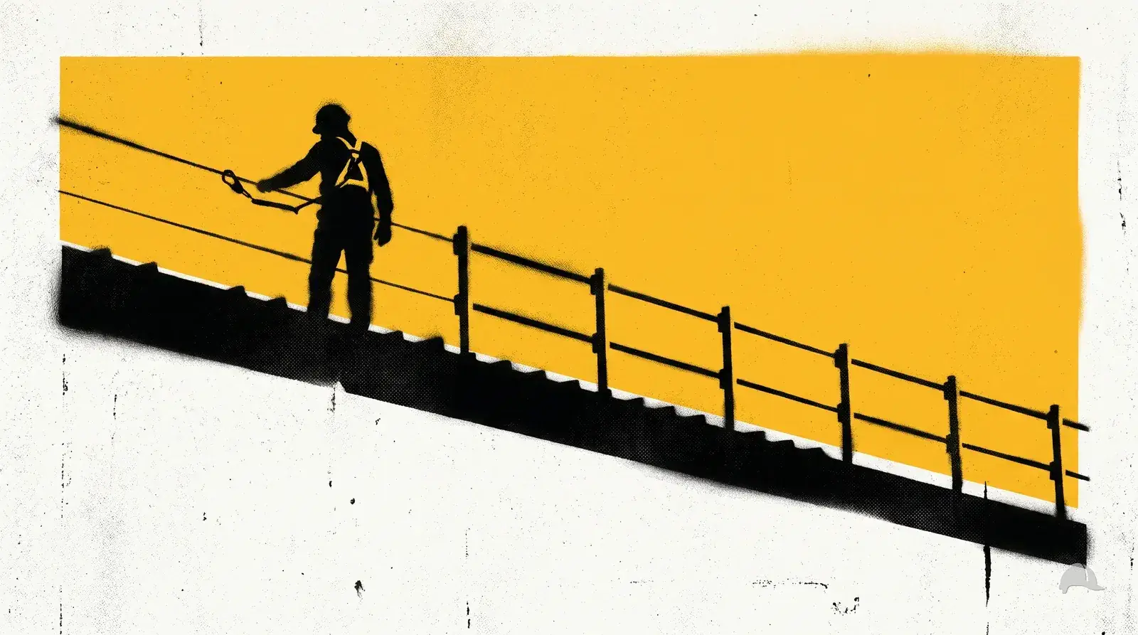 Stencil print of a roof edge with guardrail posts and a clipped-on worker