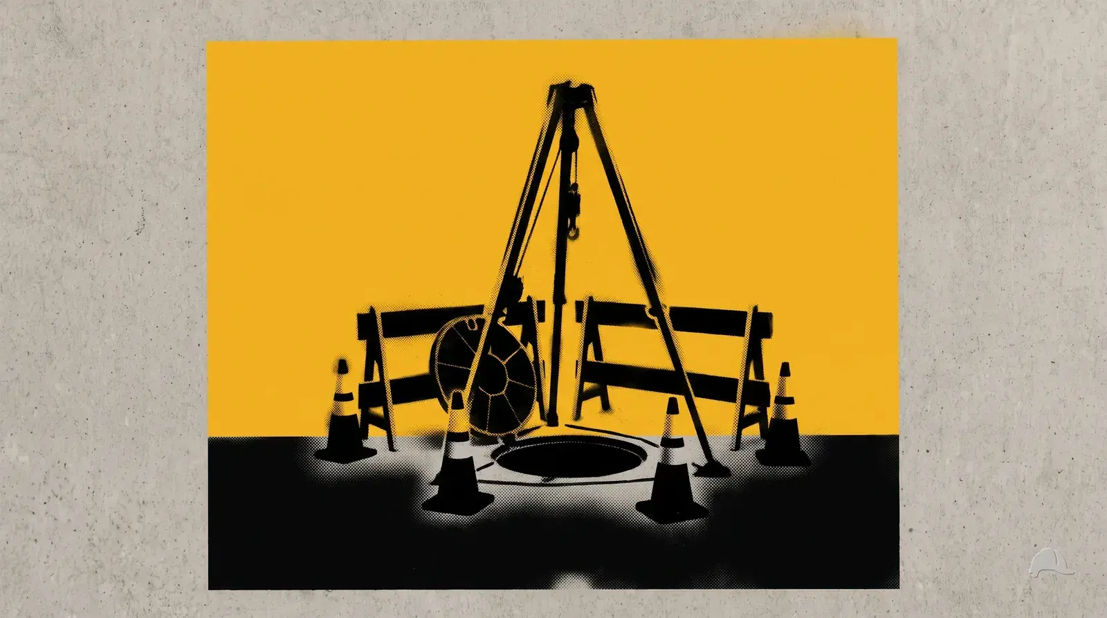 Stencil print of a confined-space opening with a retrieval tripod and barriers