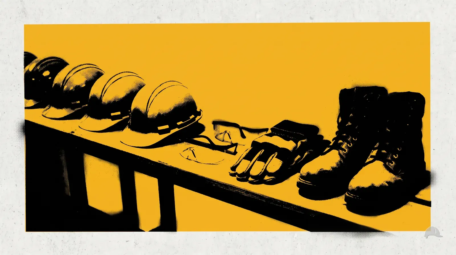 Stencil print of hard hats, glasses, gloves and boots lined up on a bench