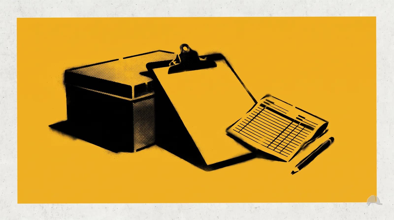 Stencil print of a clipboard and blank form on a gang box