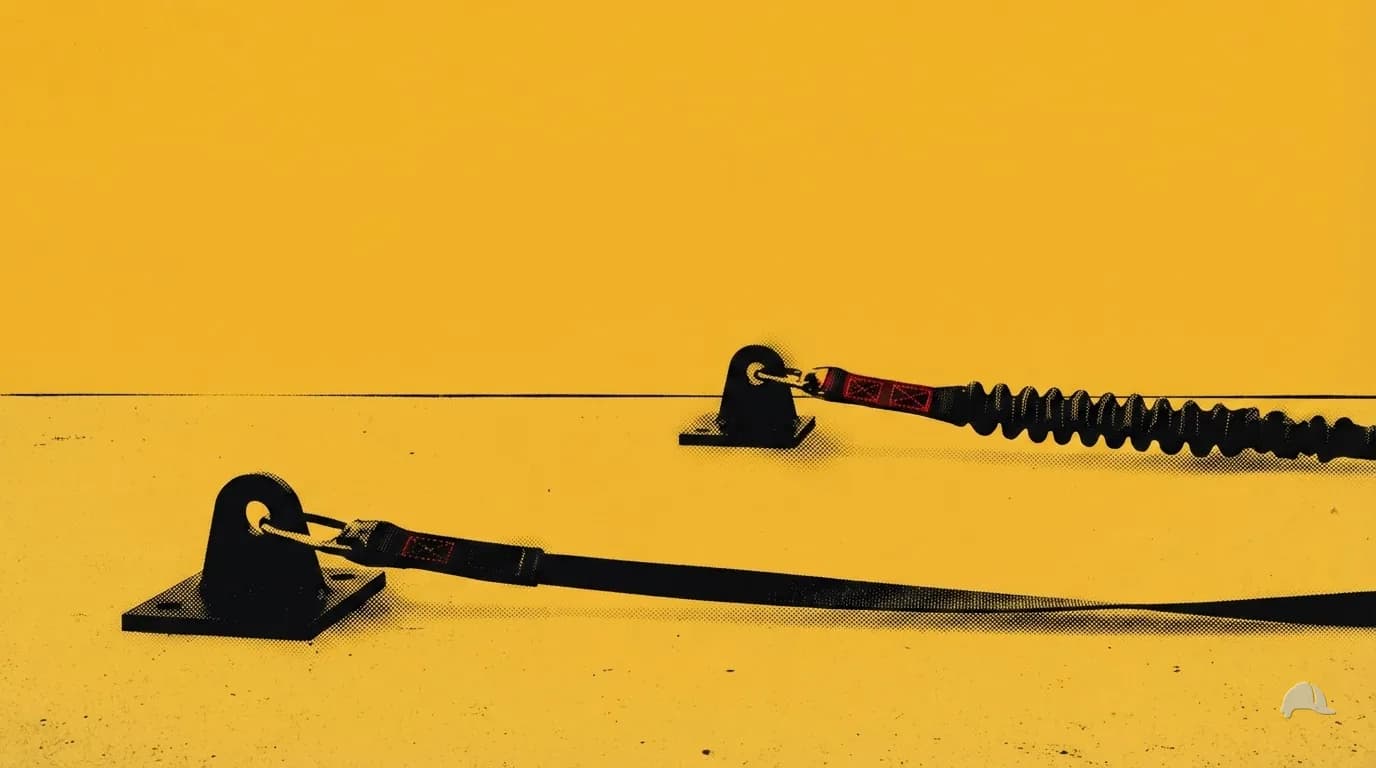 Stencil print of two anchors on one roof deck, one with a taut lanyard and one with a shock pack