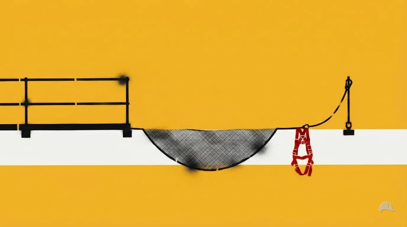 Stencil print of one deck edge carrying a guardrail, a net and a lifeline