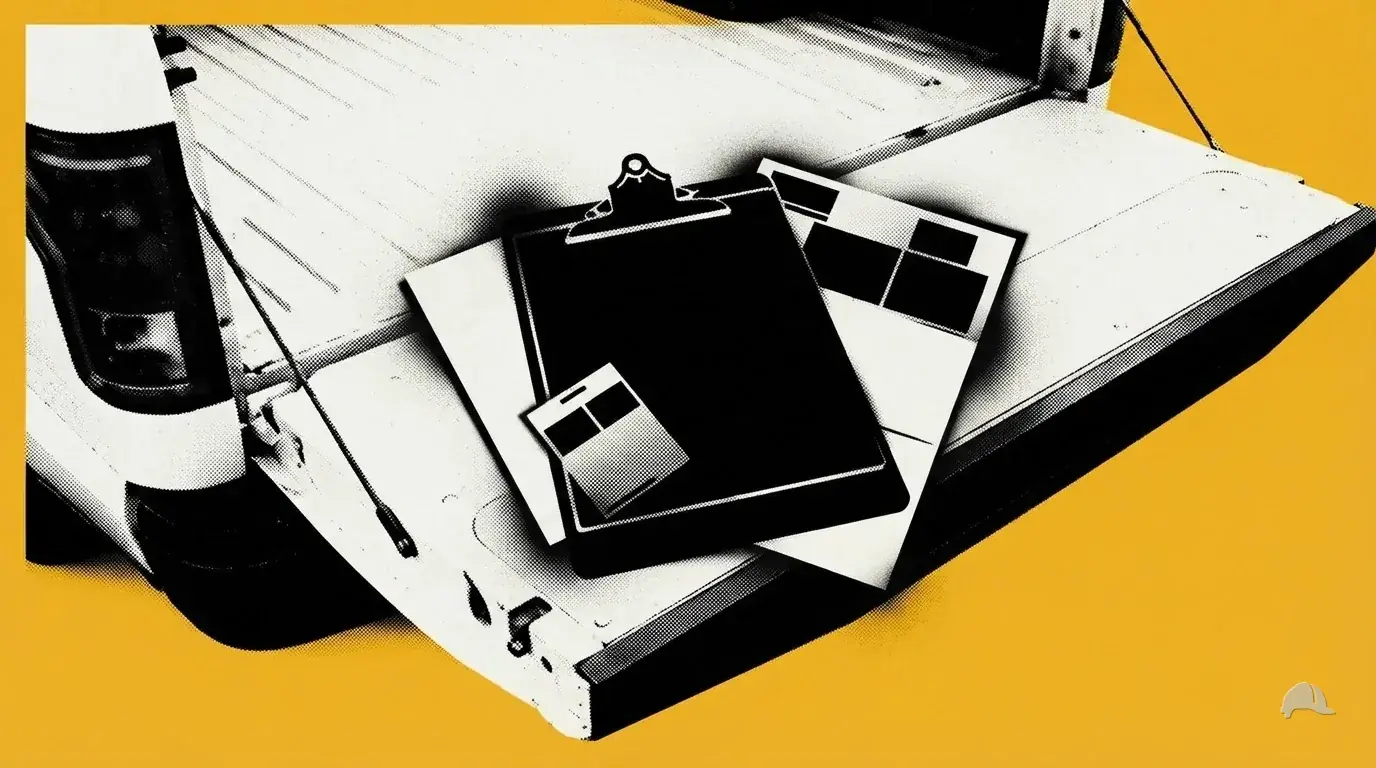 Stencil print of a clipboard, a folded sheet and a pocket card stacked on a tailgate