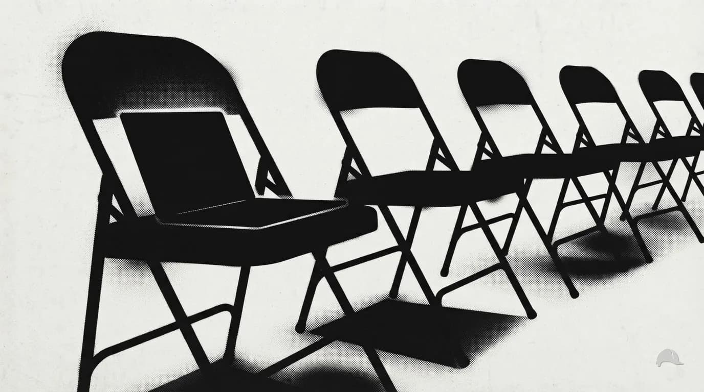 Stencil print of a laptop open on the nearest chair in a row of folding chairs