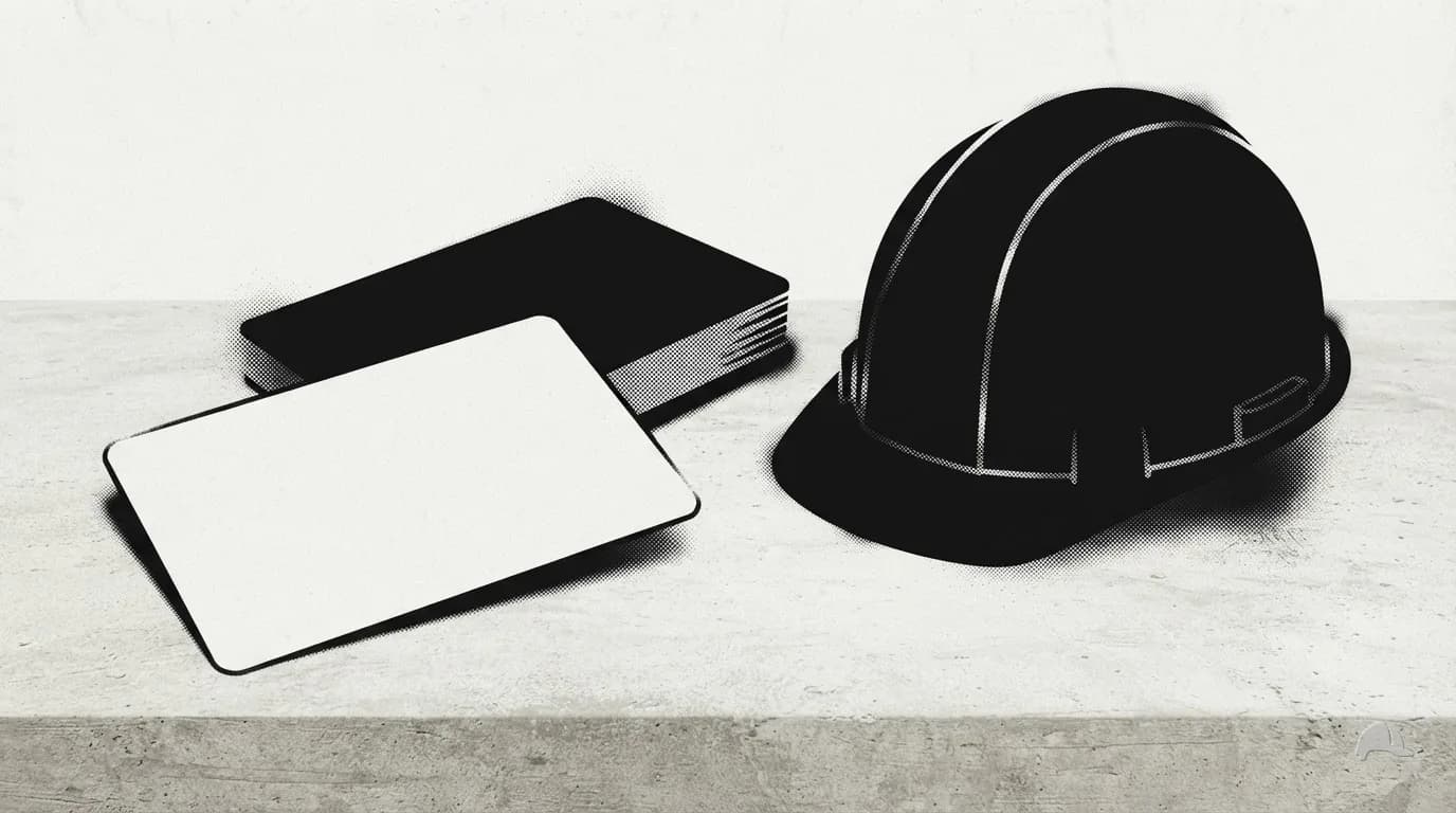 Stencil print of two wallet training cards overlapped on a bench beside a hard hat