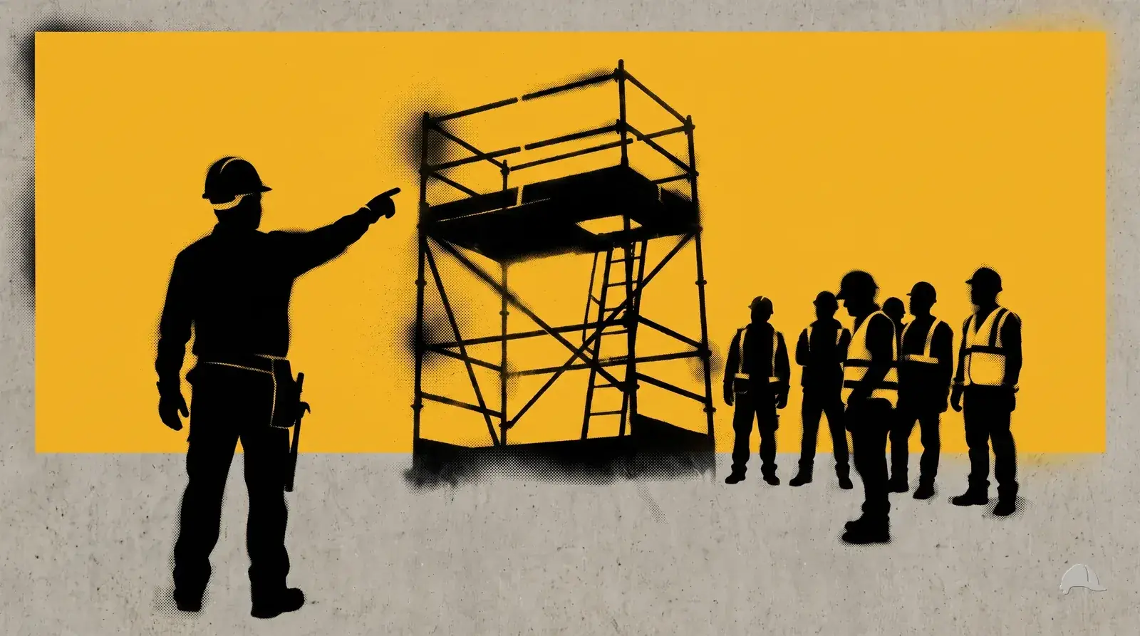 Stencil print of a supervisor pointing at a scaffold while a crew waits