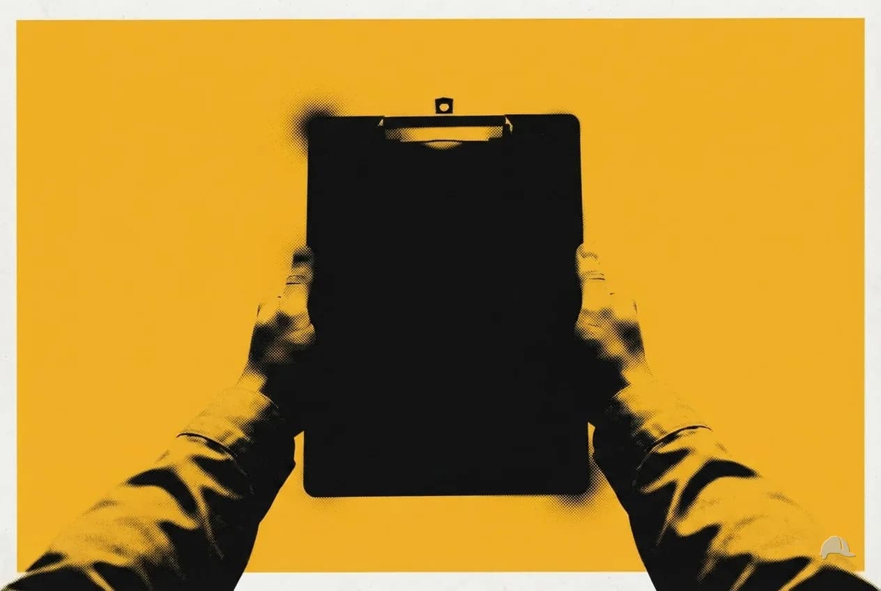 Stencil print of a clipboard held at chest height