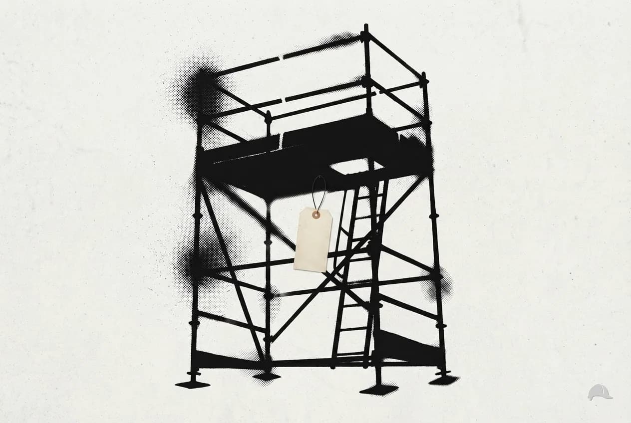 Stencil print of a scaffold frame with a blank tag wired to it