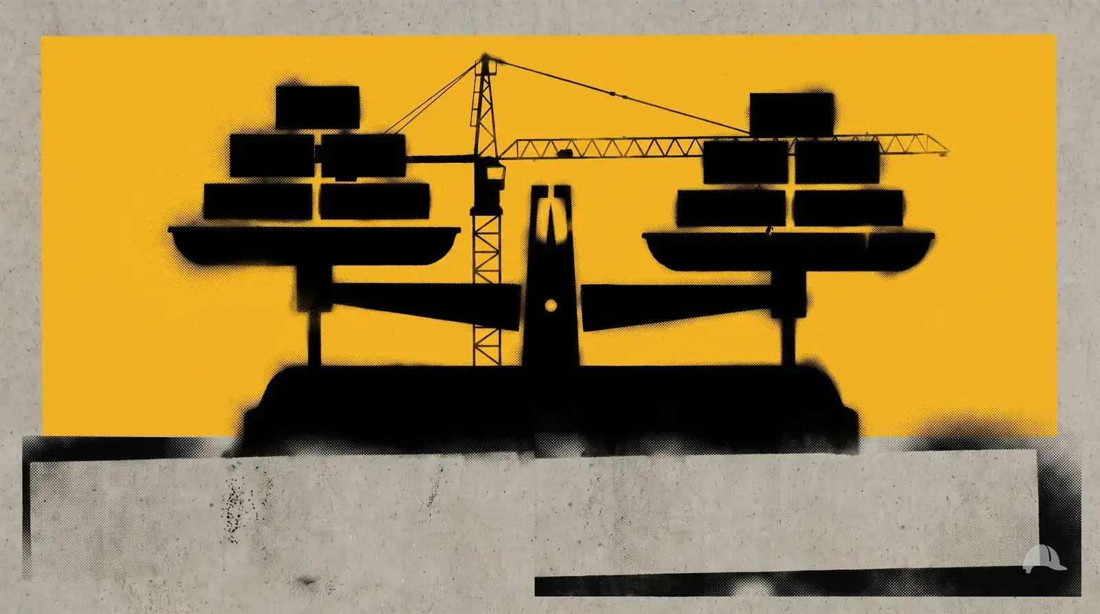 Stencil print of a balance scale weighing two stacks of blocks