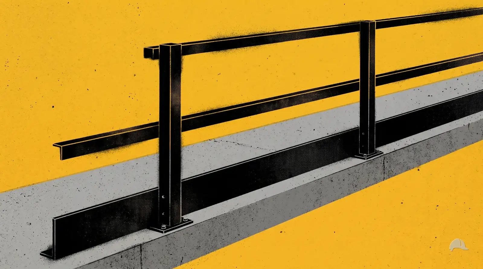 Stencil print of a guardrail with a top rail, a midrail and a toeboard on two posts