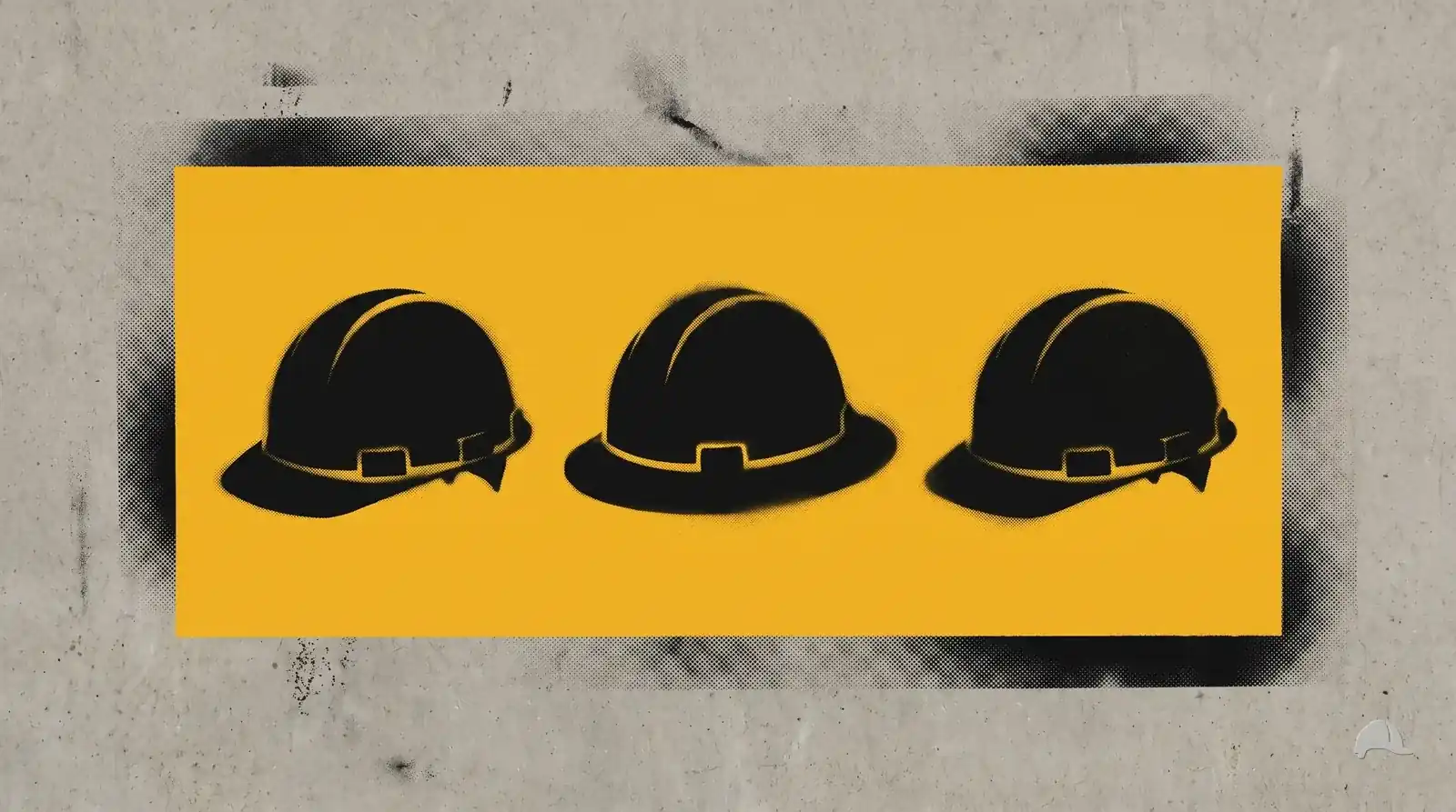 Stencil print of three hard hats in profile including a full-brim