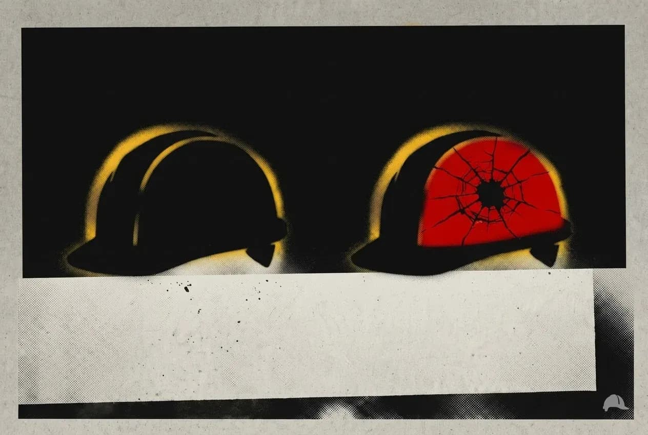 Stencil print of a cracked hard hat beside a sound one