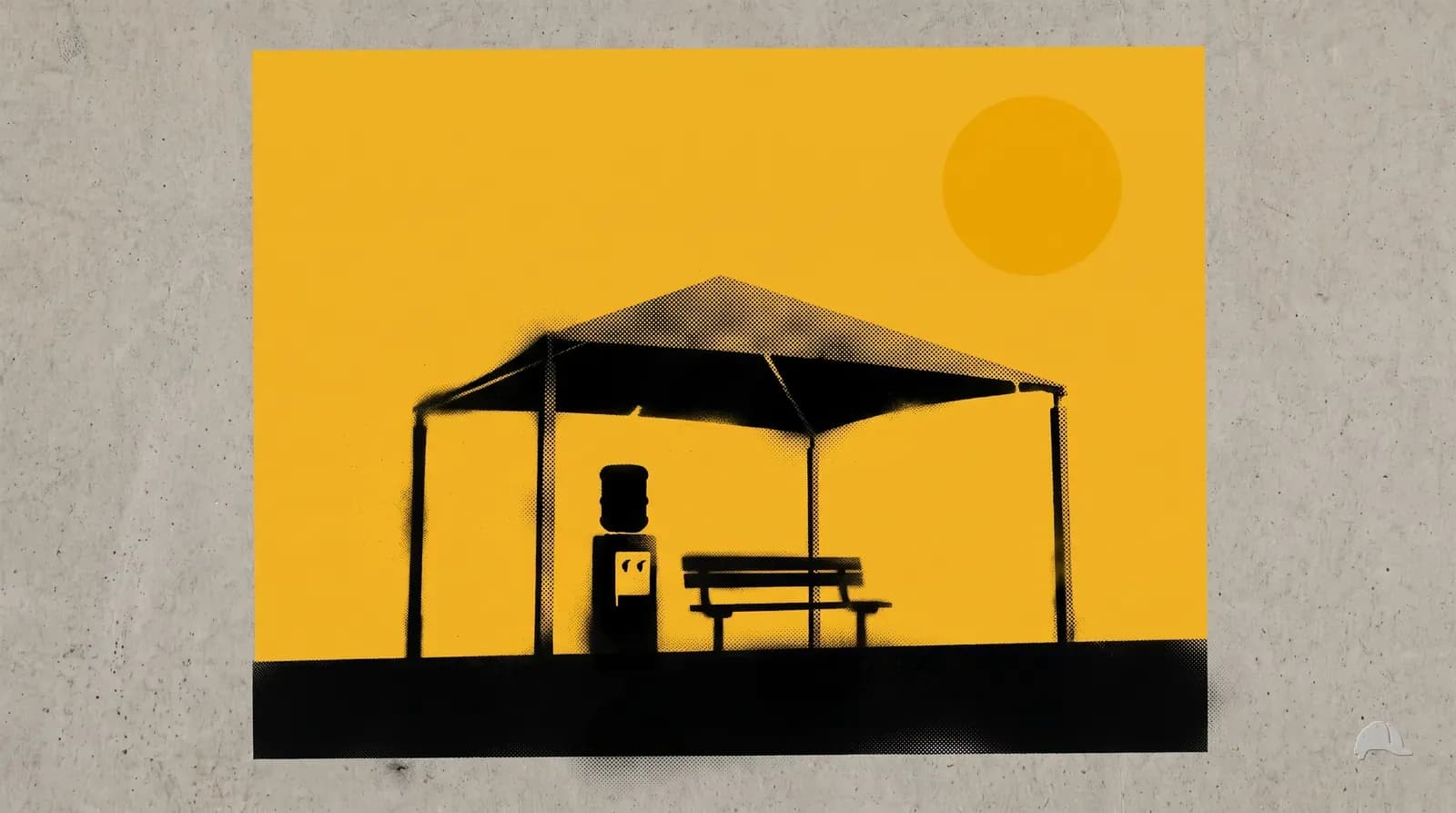 Stencil print of a shade canopy over a water cooler and bench