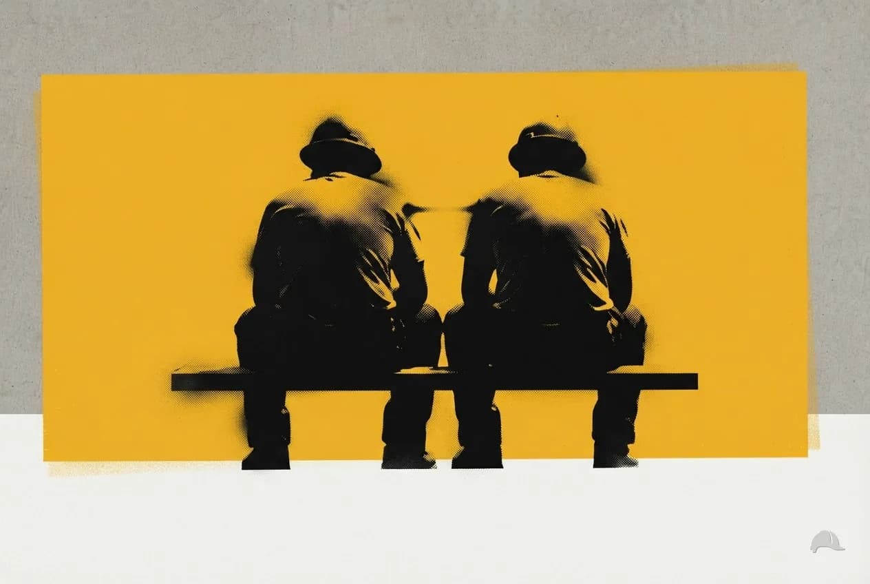Stencil print of two workers resting in the shade