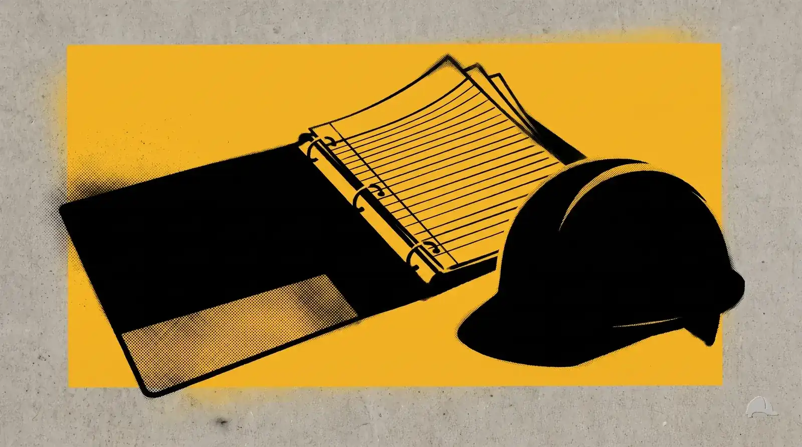 Stencil print of an open ring binder and hard hat on a site desk