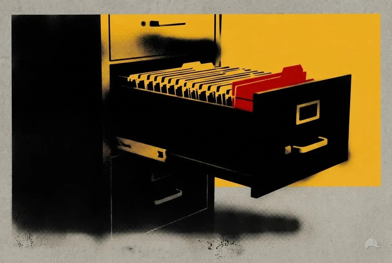 Stencil print of an open filing cabinet drawer with folders