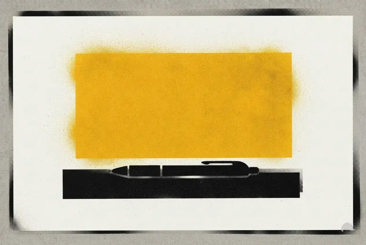 Stencil print of a pen resting on a blank signature line