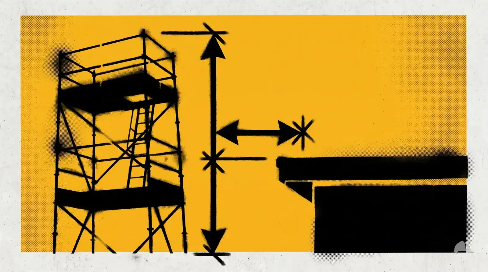 Stencil print comparing a scaffold platform and a roof edge height