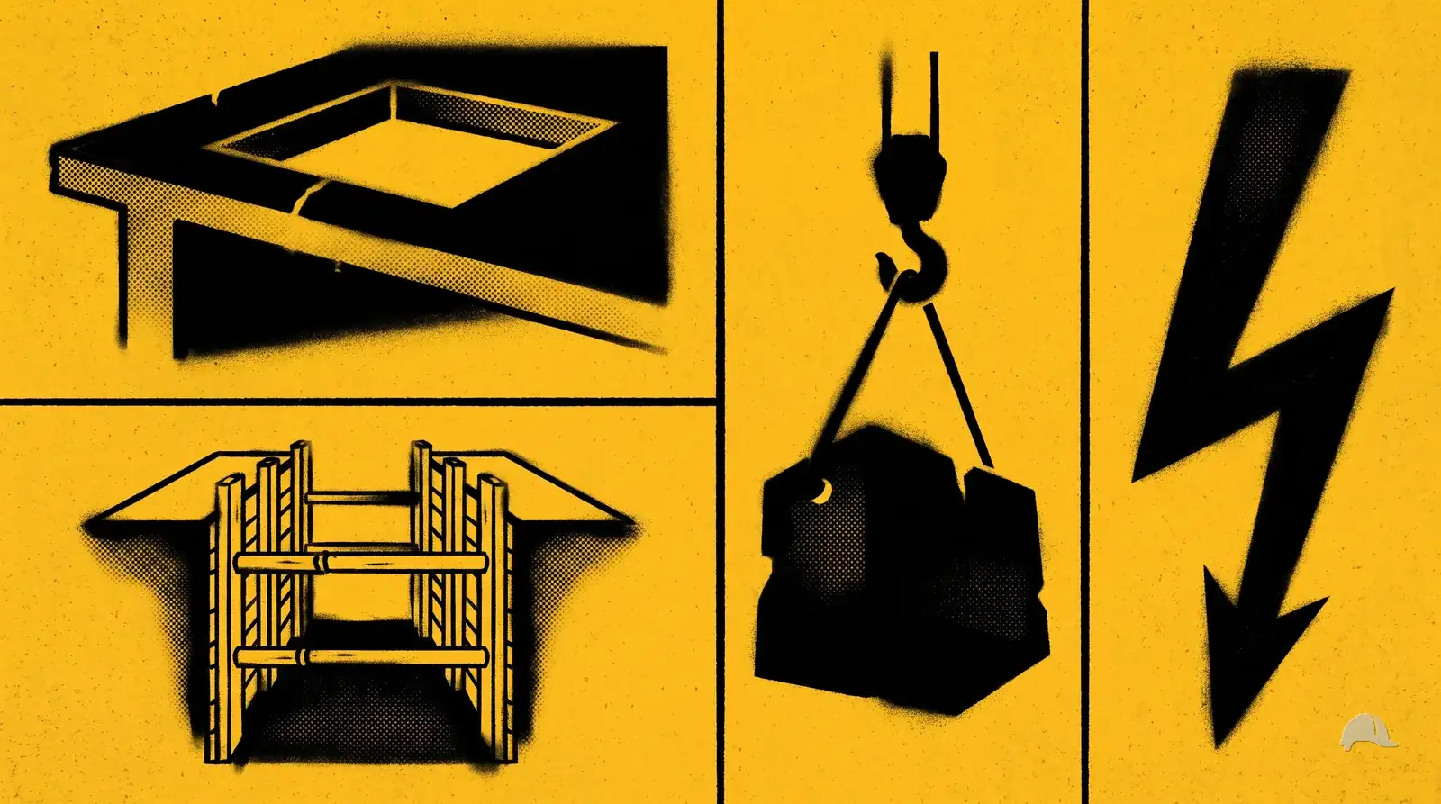 Stencil print of four quadrants for falls, struck-by, caught-in and electrocution