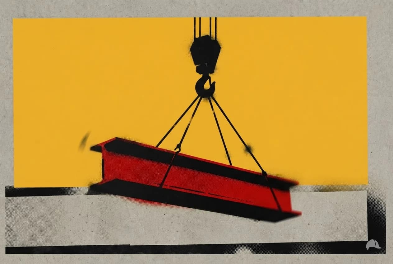 Stencil print of a suspended load swinging on a crane hook