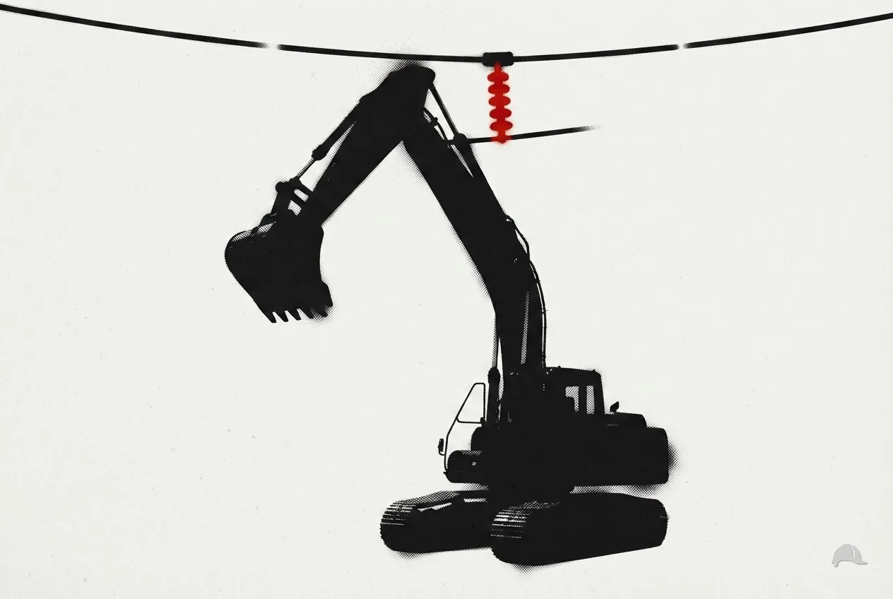 Stencil print of a power line above a raised excavator boom