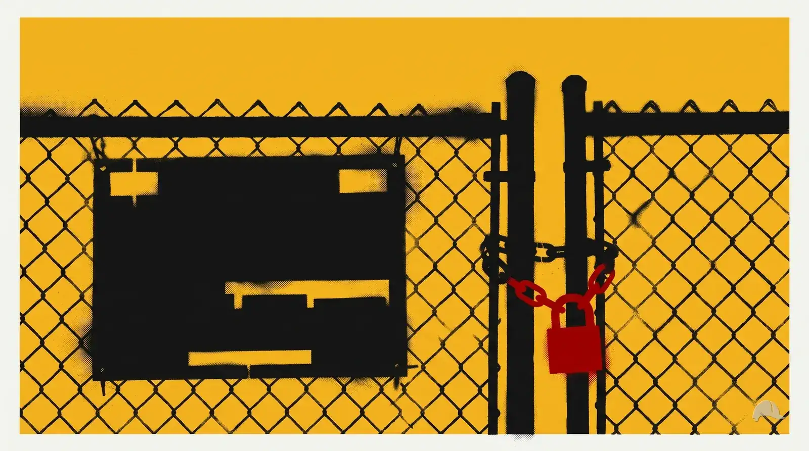 Stencil print of a notice pinned to a site fence beside a locked gate