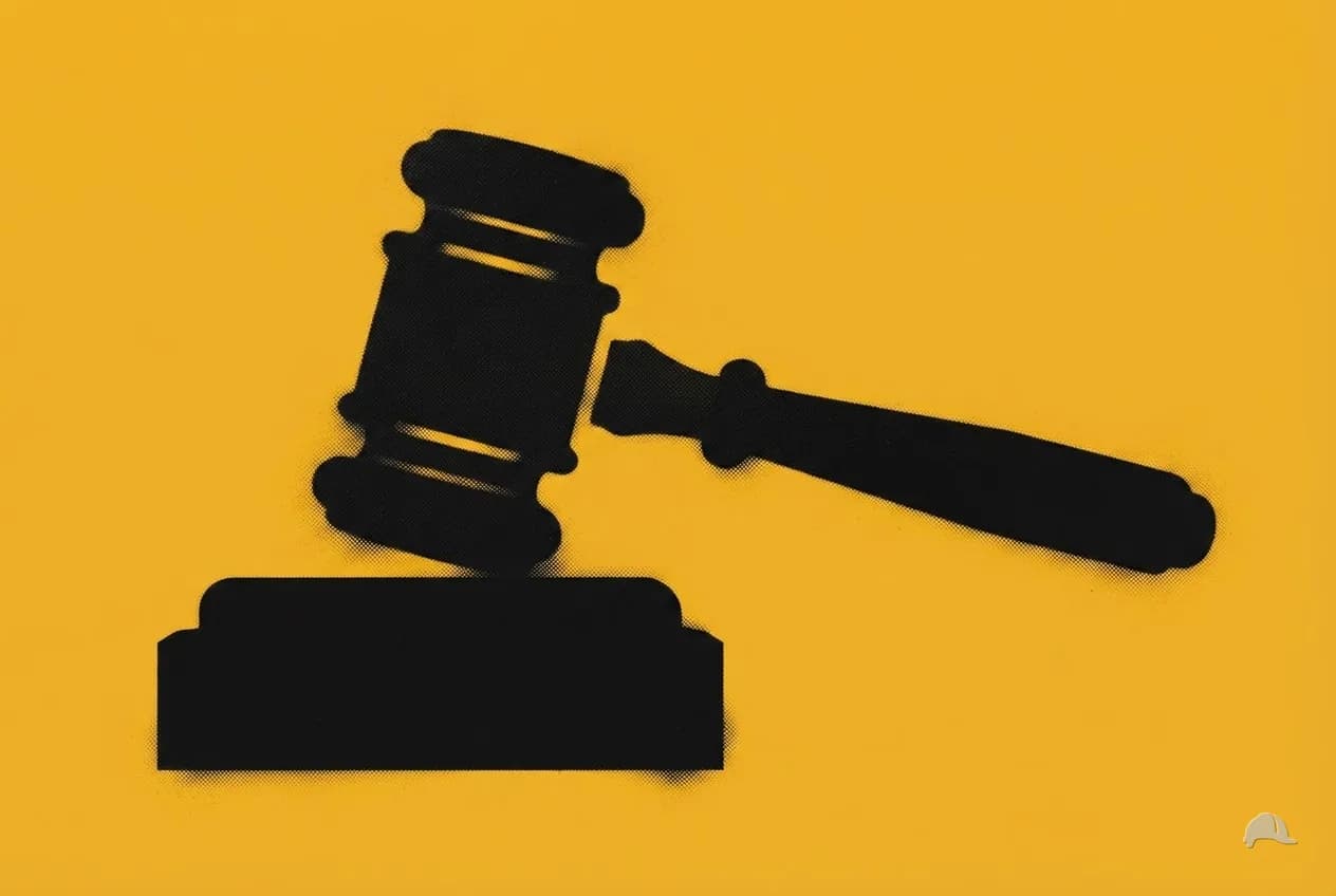 Stencil print of a gavel resting on a block