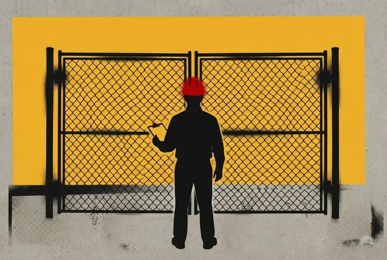 Stencil print of an inspector with a clipboard at a site gate