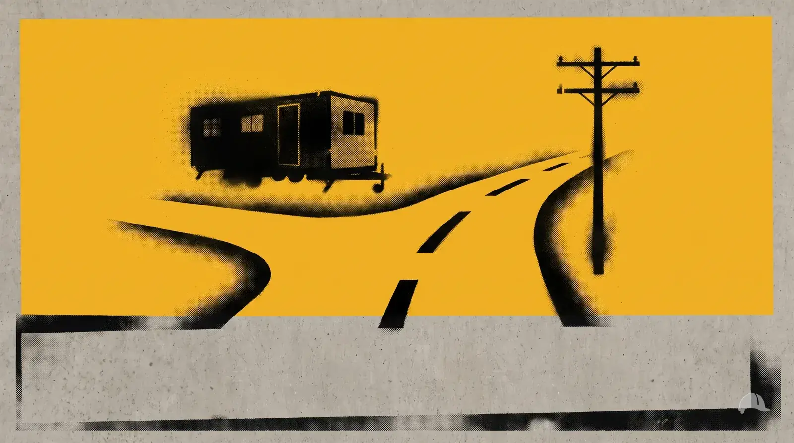 Stencil print of a forked site road, one branch to a trailer, one to a phone line