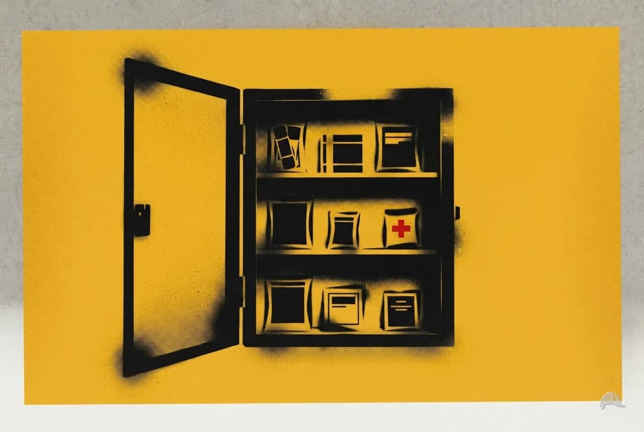 Stencil print of an open first-aid cabinet on a wall