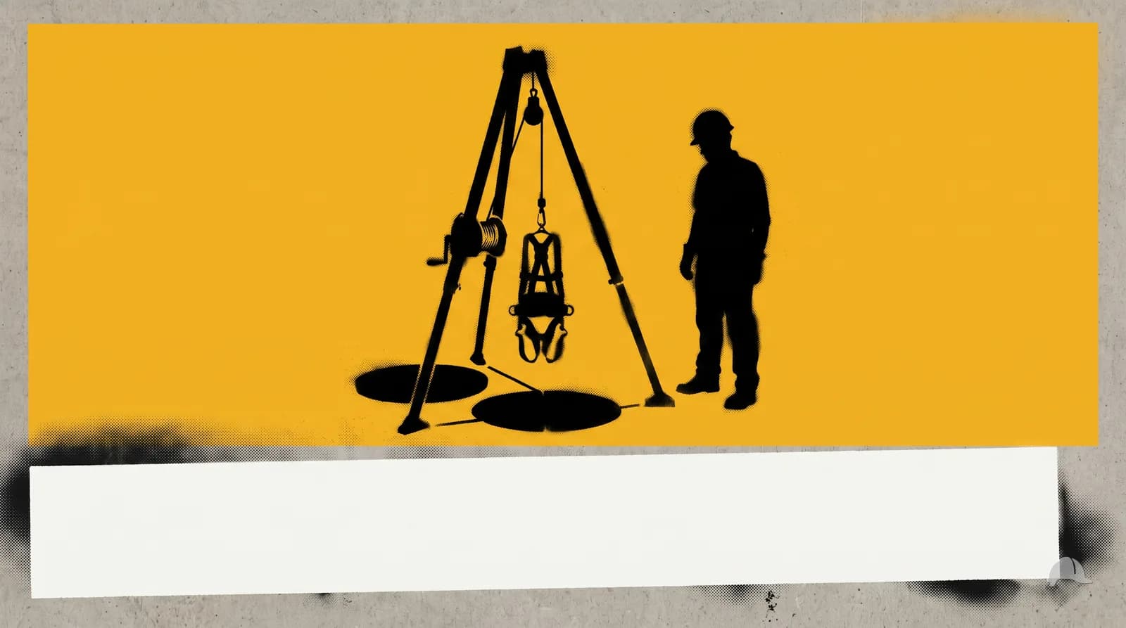 Stencil print of a manhole entry with a tripod winch and attendant