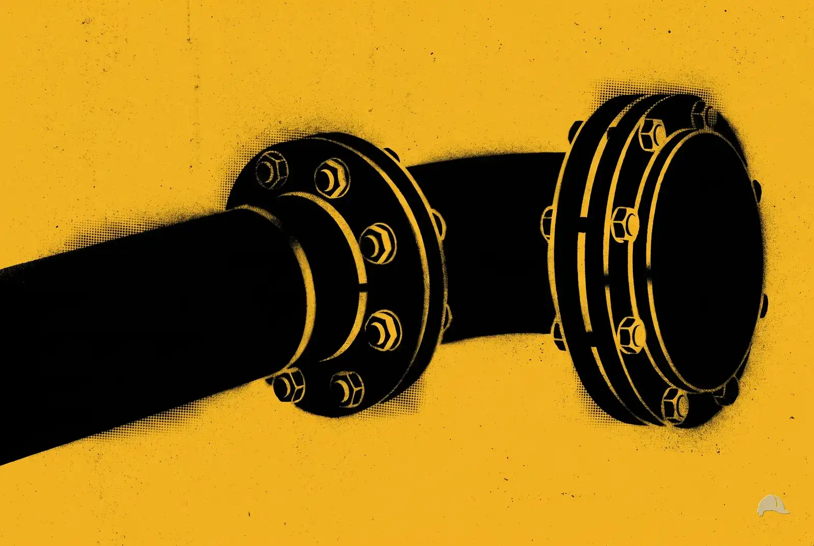 Stencil print of a pipe run capped by a bolted blind flange