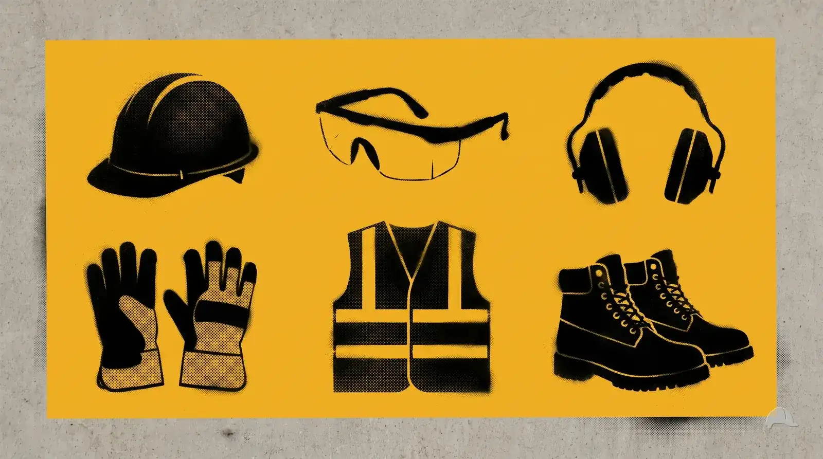 Stencil print of a full PPE set laid out in a grid