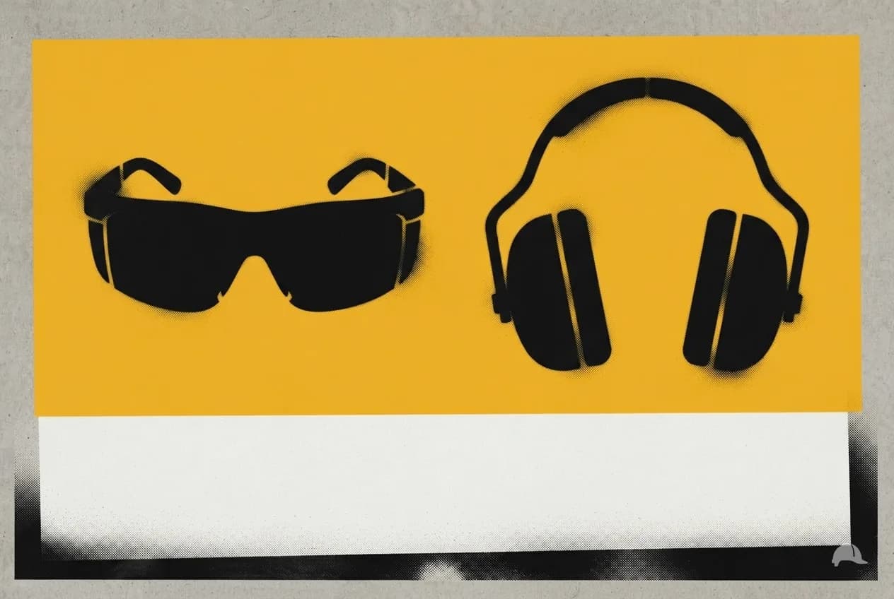 Stencil print of safety glasses beside ear muffs