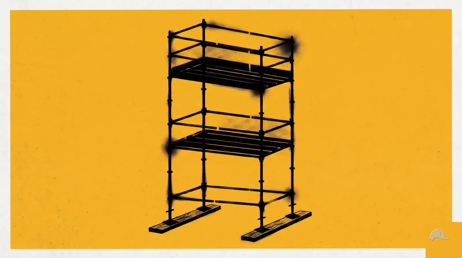 Stencil print of a frame scaffold with planked decks, a guardrailed working lift and base plates on timber mud sills