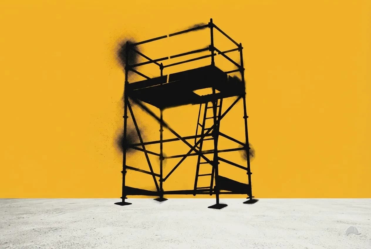 Stencil print of scaffold access with a ladder and platform hatch