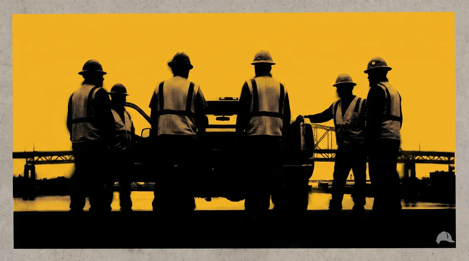 Stencil print of workers gathered at a tailgate for a talk