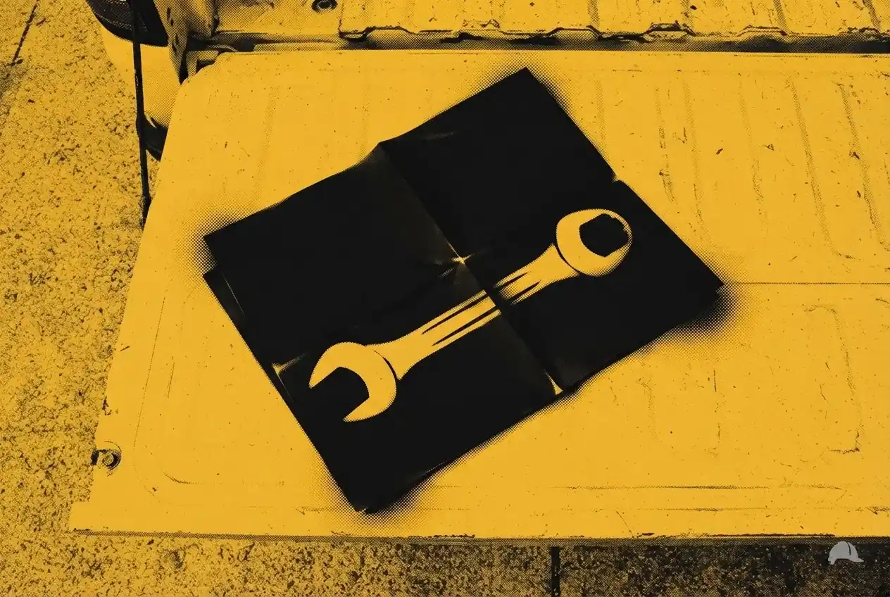 Stencil print of a folded sheet weighted by a wrench on a tailgate