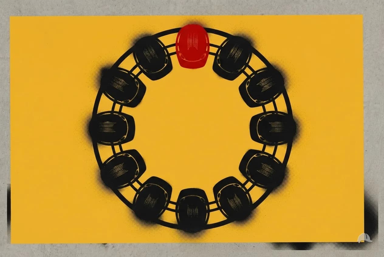 Stencil print of a circle of hard hats seen from above