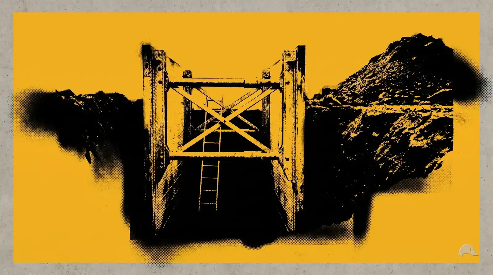Stencil print of a shored trench with a ladder and set-back spoil pile