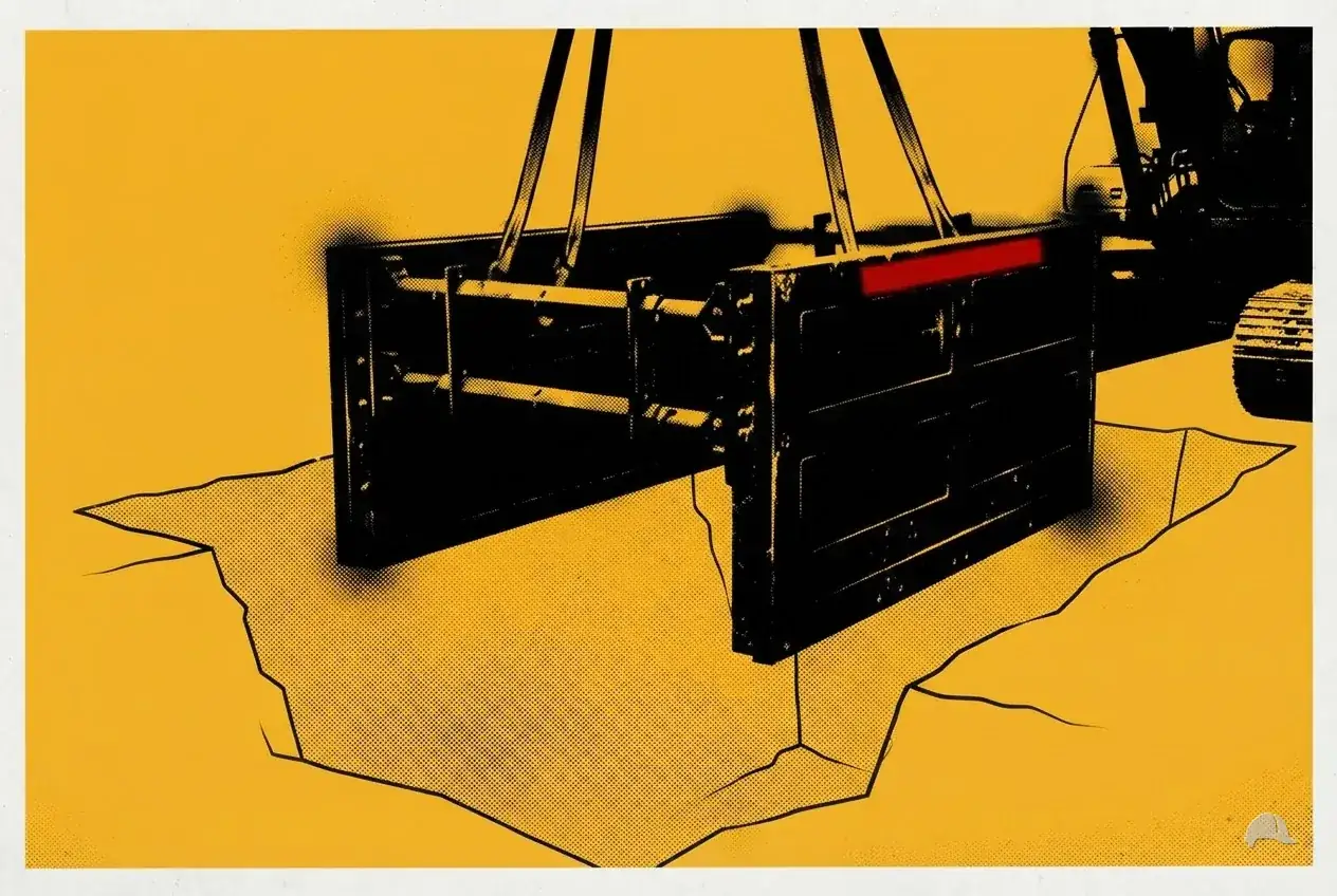 Stencil print of a trench box being lowered into a cut