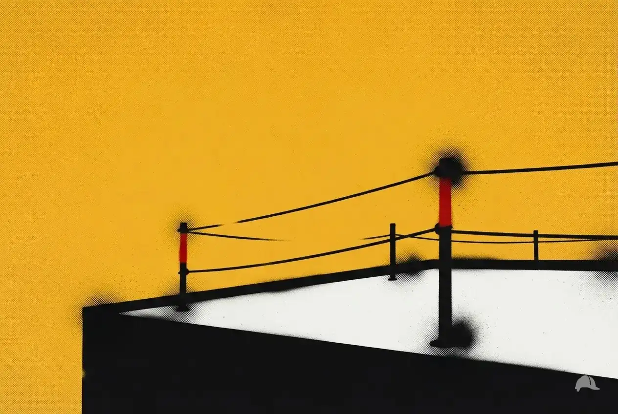 Stencil print of a controlled-access zone rope on a roof deck