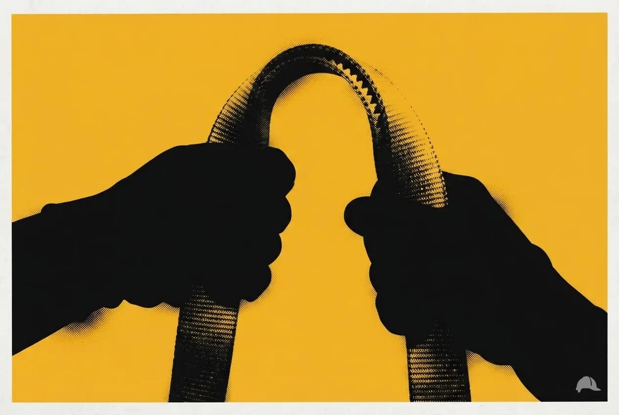 Stencil print of two gloved hands bending harness webbing into an inverted U