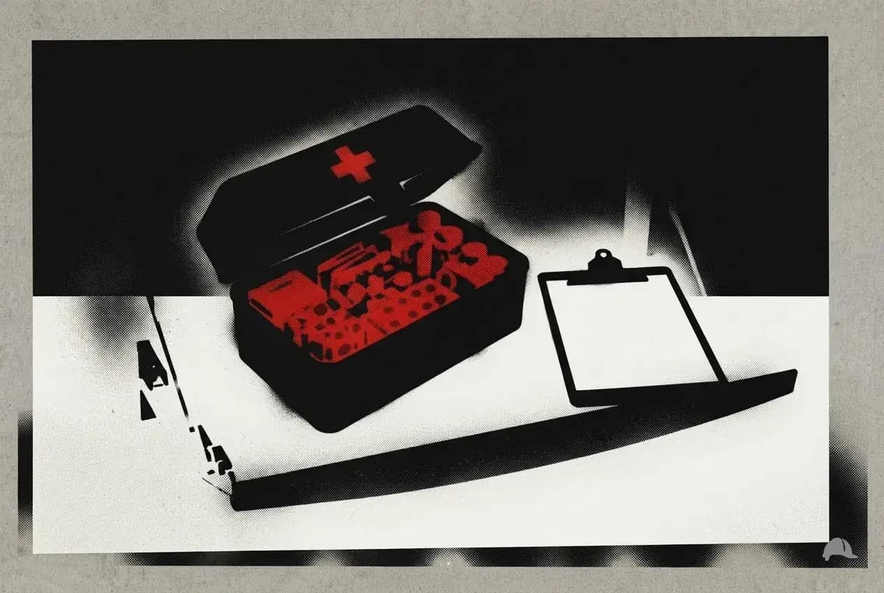 Stencil print of a first-aid kit and clipboard on a tailgate