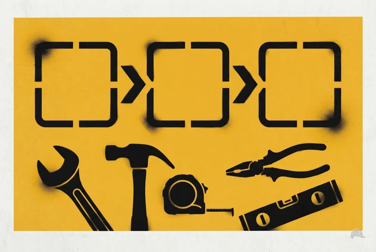 Stencil print of a task split into three connected blocks