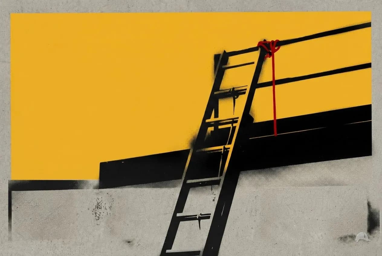 Stencil print of an extension ladder tied off above a landing