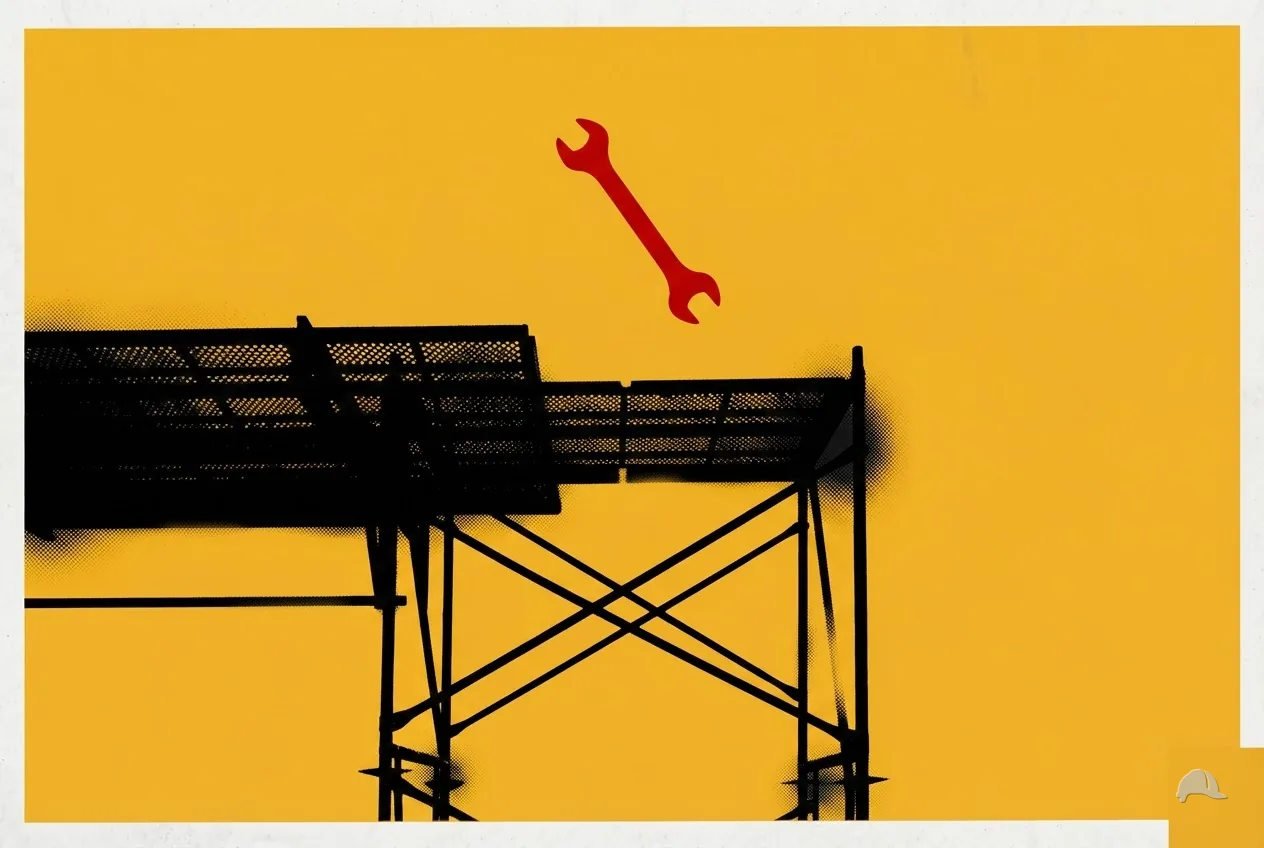 Stencil print of a wrench falling past a deck edge