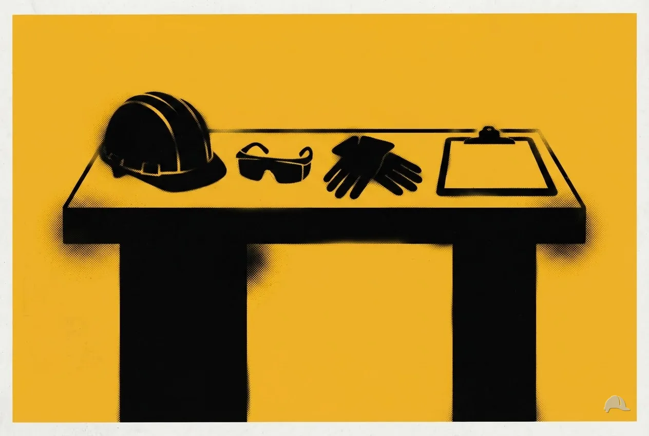 Stencil print of PPE set out beside a clipboard