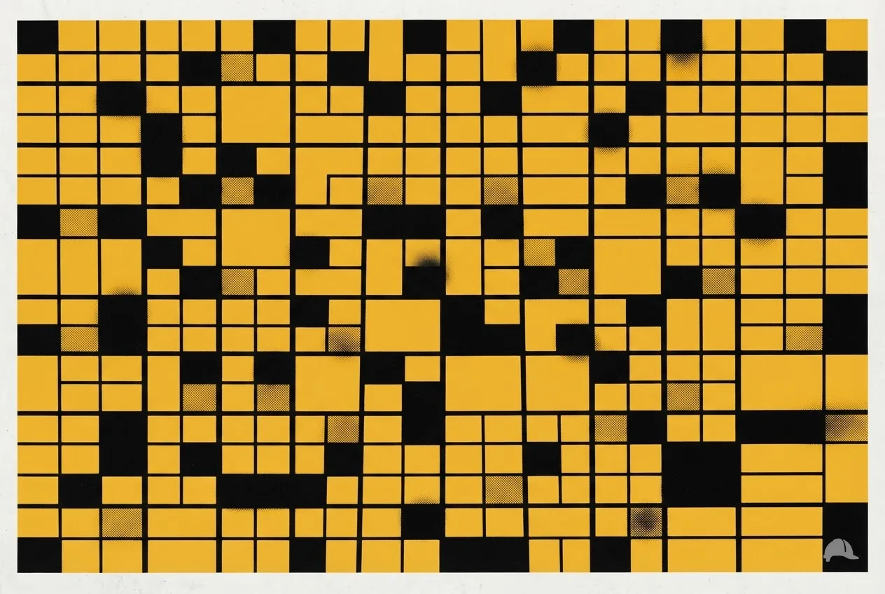 Stencil print of a grid of squares with some filled in