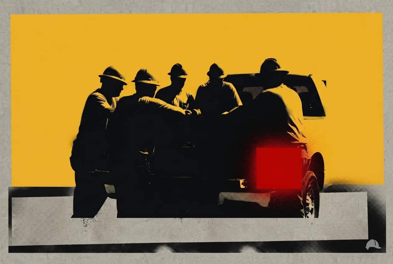 Stencil print of four workers gathered at a tailgate, seen from behind